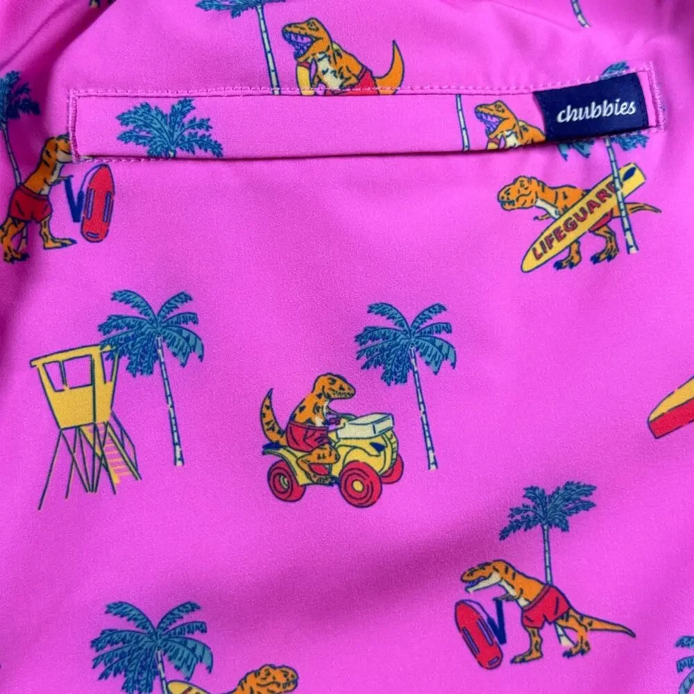 NWT Chubbies The Dino Racers pink tear-away trunks - swim suit funny  bold sz M